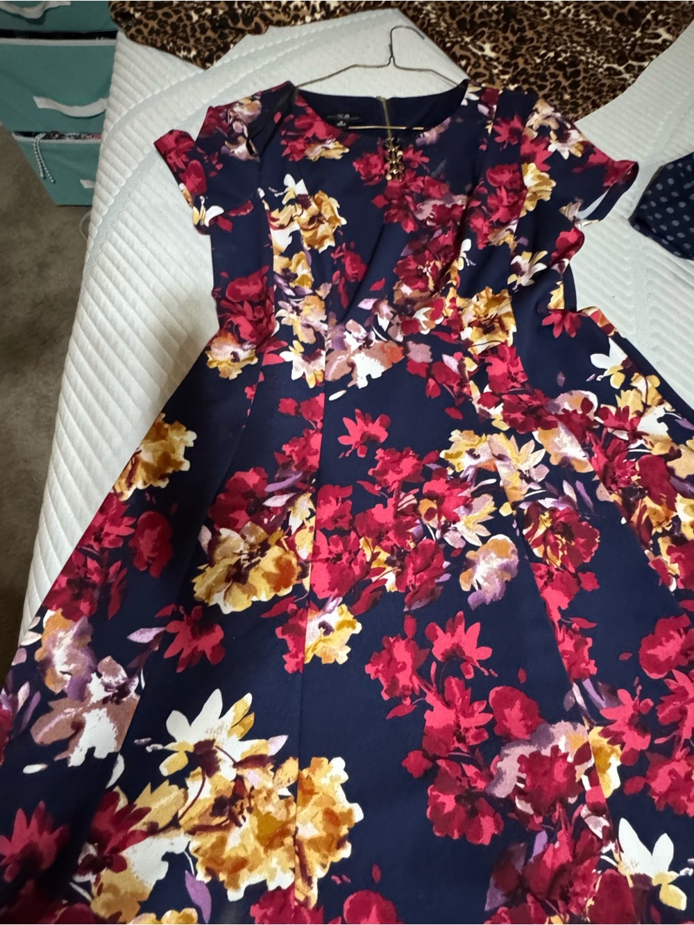 AGB Navy Midi Dress with Red, Mustard & Cream Floral Print